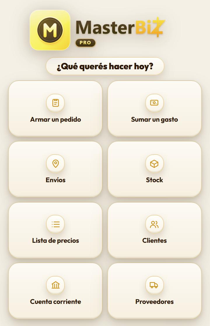 Pantalla de inicio en el celular, con accesos a pedidos, gastos, envíos, stock, clientes y más