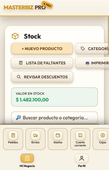 Menú de secciones de Mi Negocio en el celular