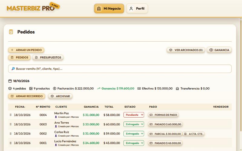 Pantalla de pedidos de MasterBiz PRO, con la lista de remitos, su estado de entrega y de pago