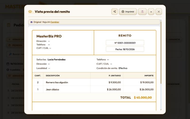 Vista previa de un remito con el detalle de ítems y el total