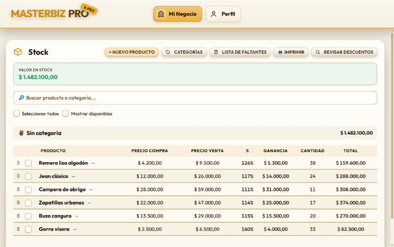 Pantalla de stock con productos, precios, cantidades y valor total